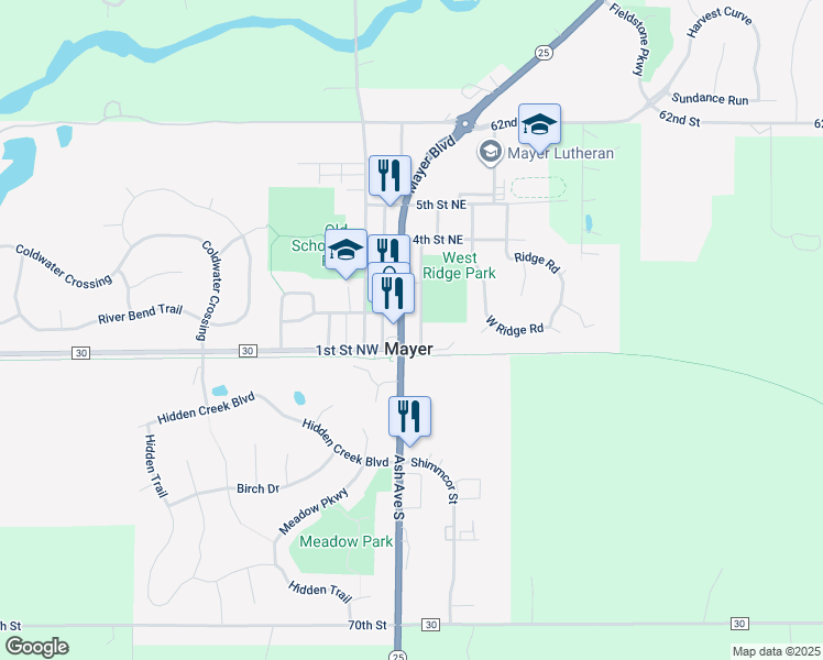 map of restaurants, bars, coffee shops, grocery stores, and more near 200 Ash Avenue North in Mayer
