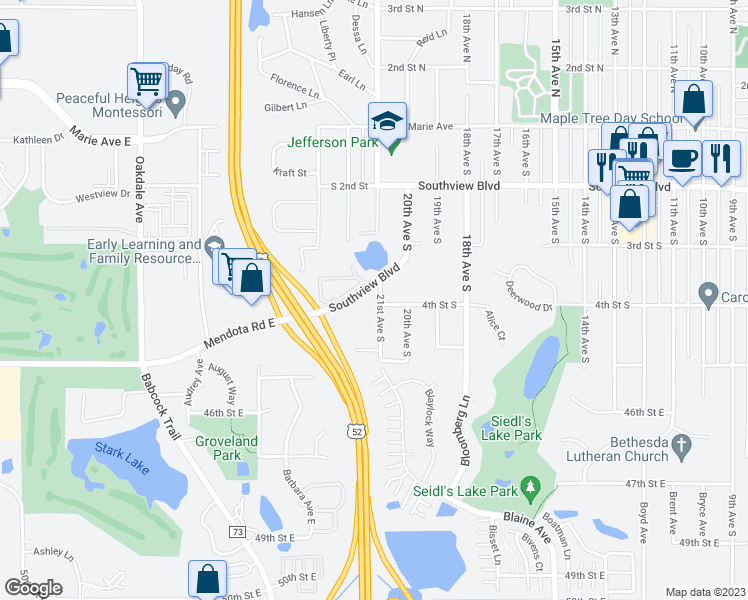 map of restaurants, bars, coffee shops, grocery stores, and more near 352 21st Avenue South in South Saint Paul