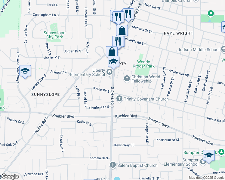 map of restaurants, bars, coffee shops, grocery stores, and more near 4958 Liberty Road South in Salem