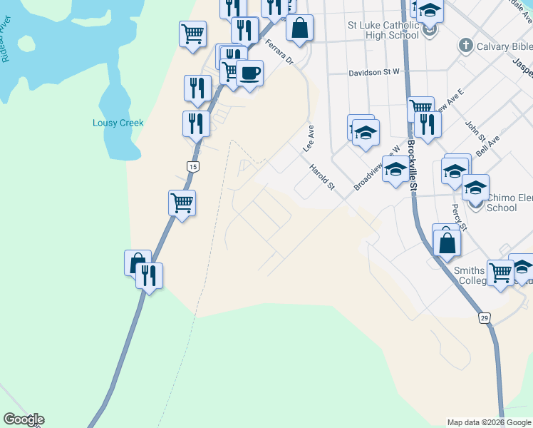 map of restaurants, bars, coffee shops, grocery stores, and more near 22 Margaret Graham Terrace in Smiths Falls