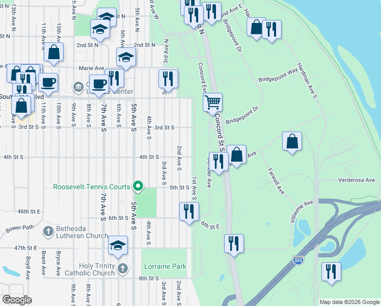 map of restaurants, bars, coffee shops, grocery stores, and more near 448 4th Avenue South in South Saint Paul