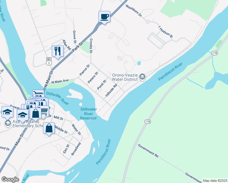map of restaurants, bars, coffee shops, grocery stores, and more near 66 Hillside Road in Orono