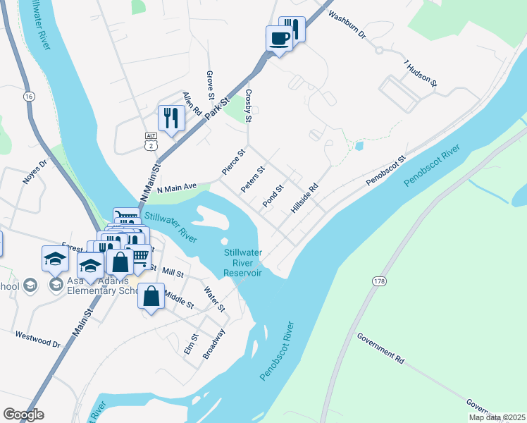 map of restaurants, bars, coffee shops, grocery stores, and more near 23 Pond Street in Orono