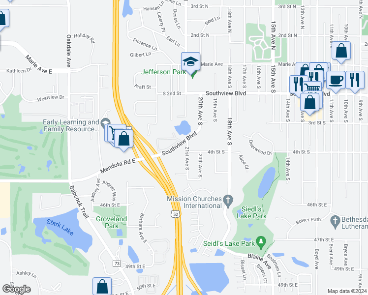 map of restaurants, bars, coffee shops, grocery stores, and more near 2008 4th Street South in South Saint Paul