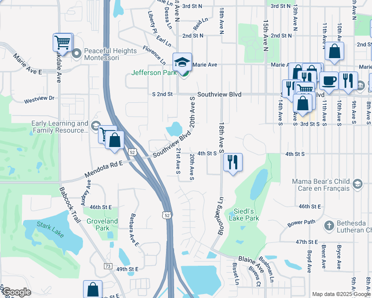 map of restaurants, bars, coffee shops, grocery stores, and more near 2008 4th Street South in South Saint Paul