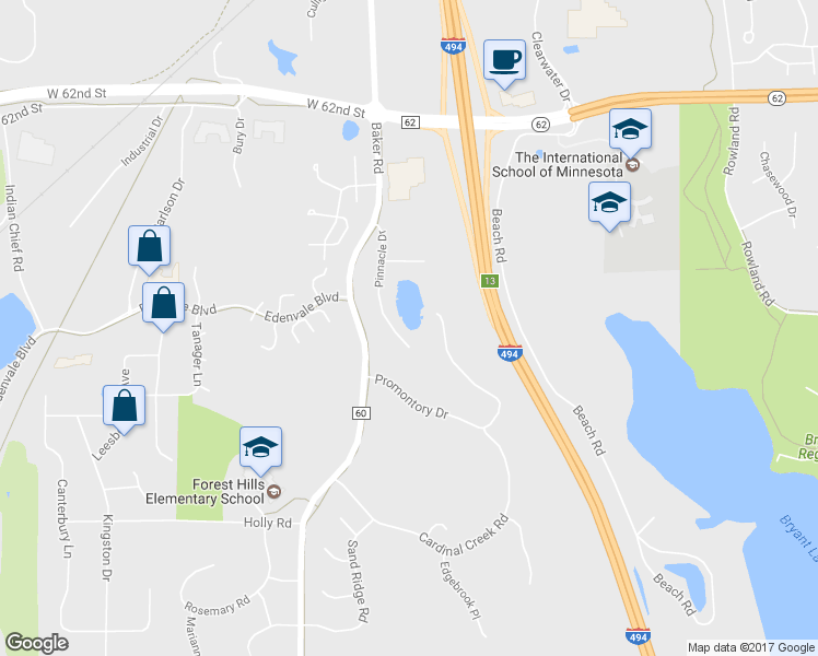 map of restaurants, bars, coffee shops, grocery stores, and more near 6484 Promontory Drive in Eden Prairie