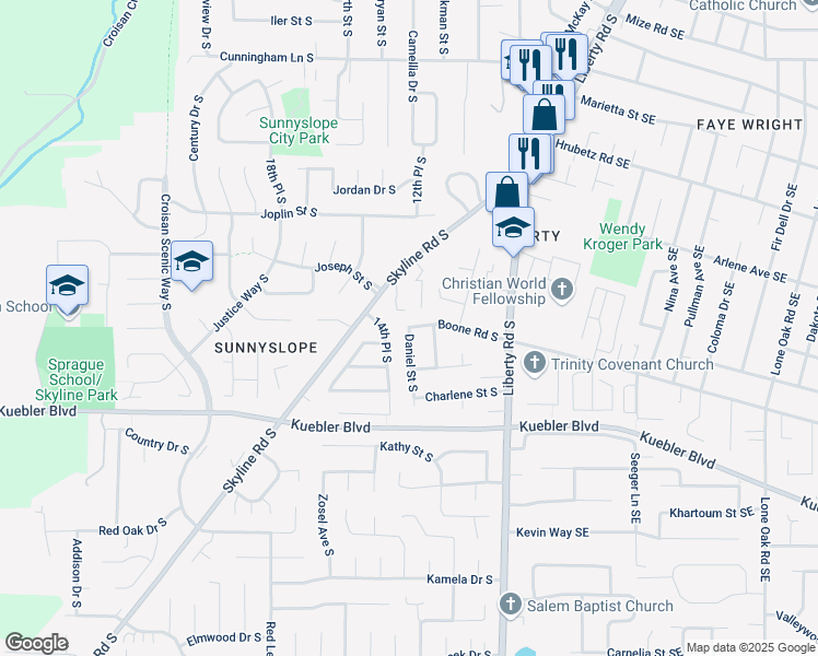 map of restaurants, bars, coffee shops, grocery stores, and more near 1510 Boone Road South in Salem