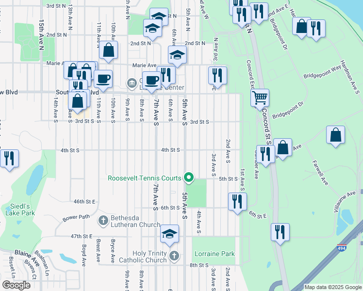 map of restaurants, bars, coffee shops, grocery stores, and more near 350 5th Avenue South in South Saint Paul