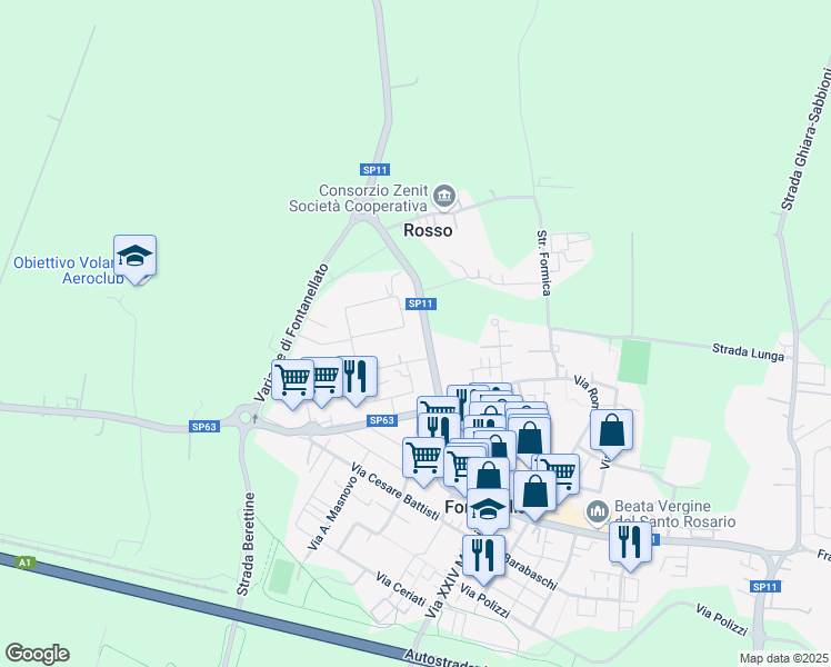 map of restaurants, bars, coffee shops, grocery stores, and more near 21A Via Pietro Nenni in Fontanellato
