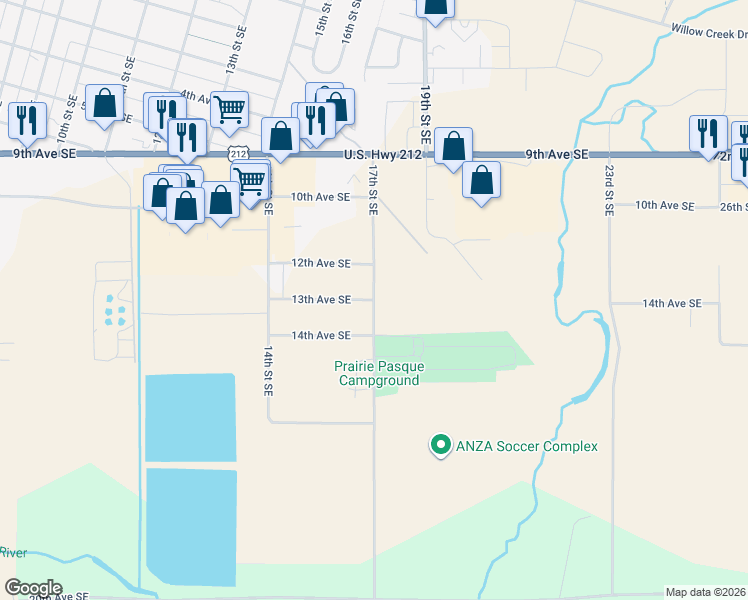 map of restaurants, bars, coffee shops, grocery stores, and more near 13th Avenue Southeast in Watertown