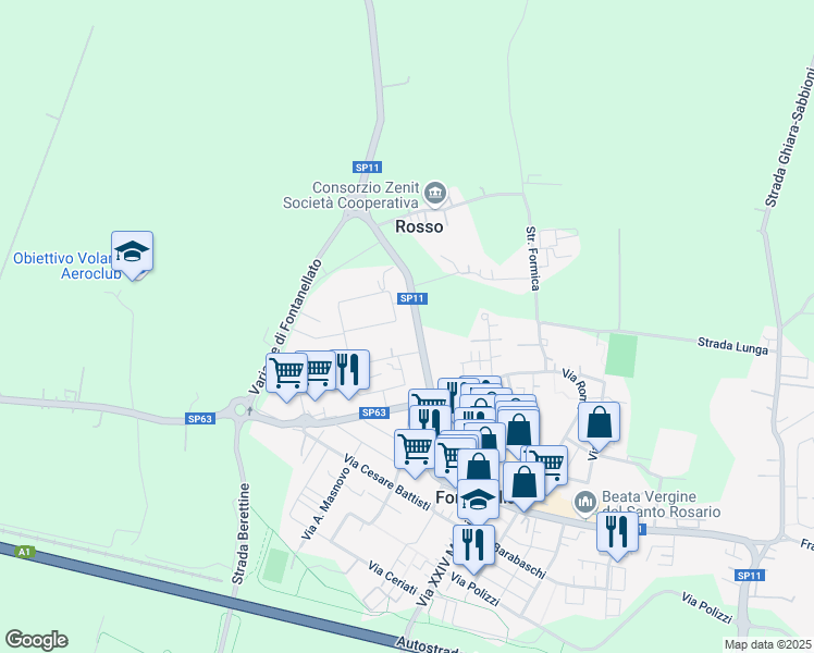 map of restaurants, bars, coffee shops, grocery stores, and more near 21A Via Pietro Nenni in Fontanellato