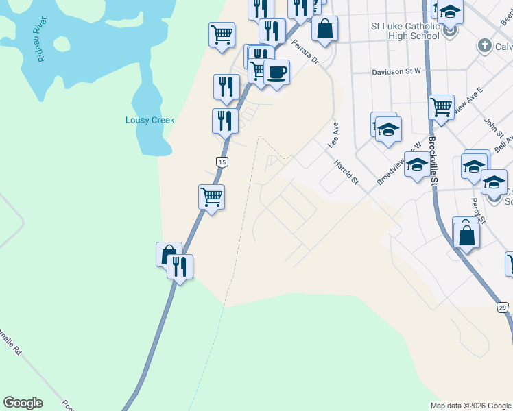 map of restaurants, bars, coffee shops, grocery stores, and more near 24 Staples Boulevard in Smiths Falls