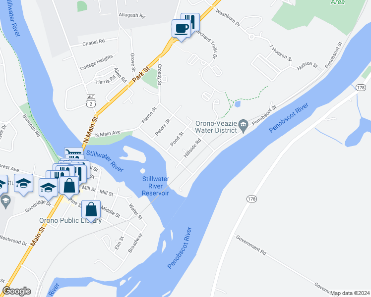 map of restaurants, bars, coffee shops, grocery stores, and more near 23 Pond Street in Orono