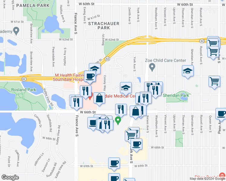 map of restaurants, bars, coffee shops, grocery stores, and more near 6415 Colony Way in Minneapolis
