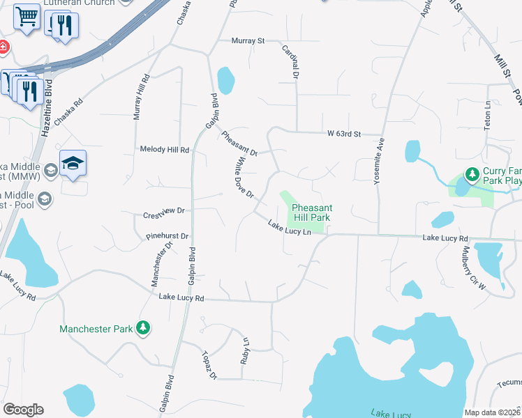 map of restaurants, bars, coffee shops, grocery stores, and more near 6511 White Dove Circle in Excelsior