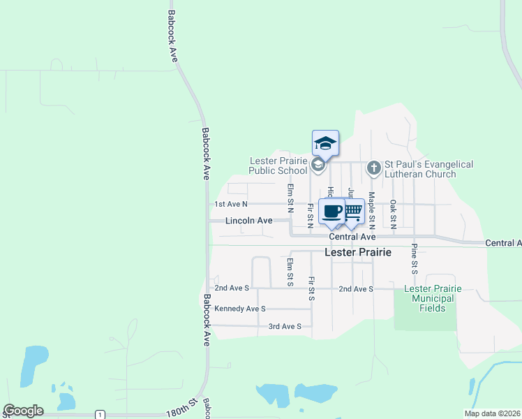 map of restaurants, bars, coffee shops, grocery stores, and more near 118 1st Avenue North in Lester Prairie