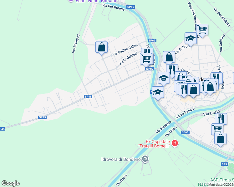 map of restaurants, bars, coffee shops, grocery stores, and more near 67 Via V. Alfieri in Bondeno