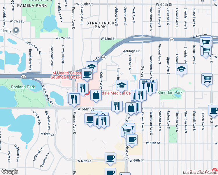 map of restaurants, bars, coffee shops, grocery stores, and more near 6415 Colony Way in Minneapolis
