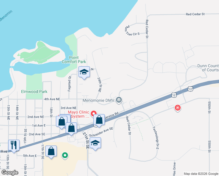 map of restaurants, bars, coffee shops, grocery stores, and more near 426 24th Street Northeast in Menomonie