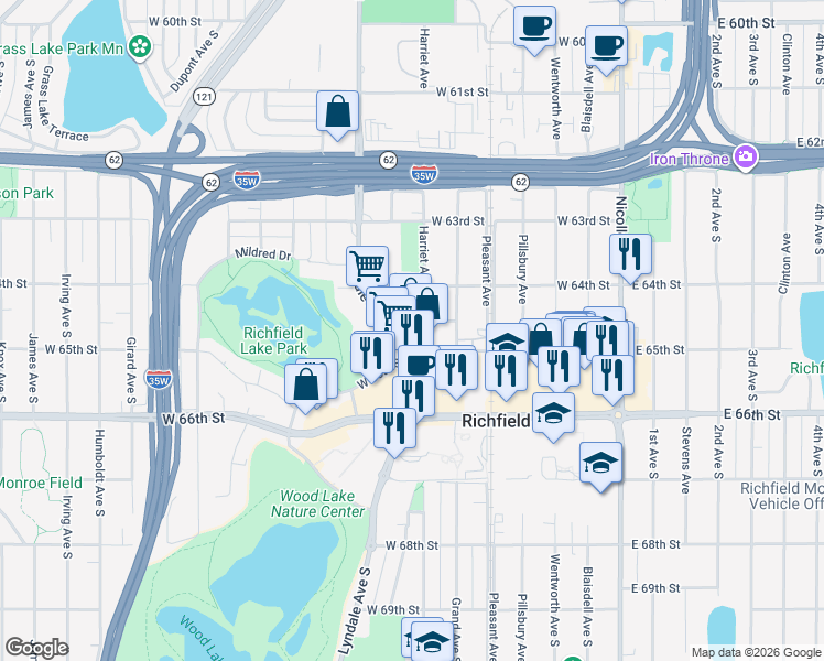 map of restaurants, bars, coffee shops, grocery stores, and more near 6437 Lyndale Avenue South in Richfield