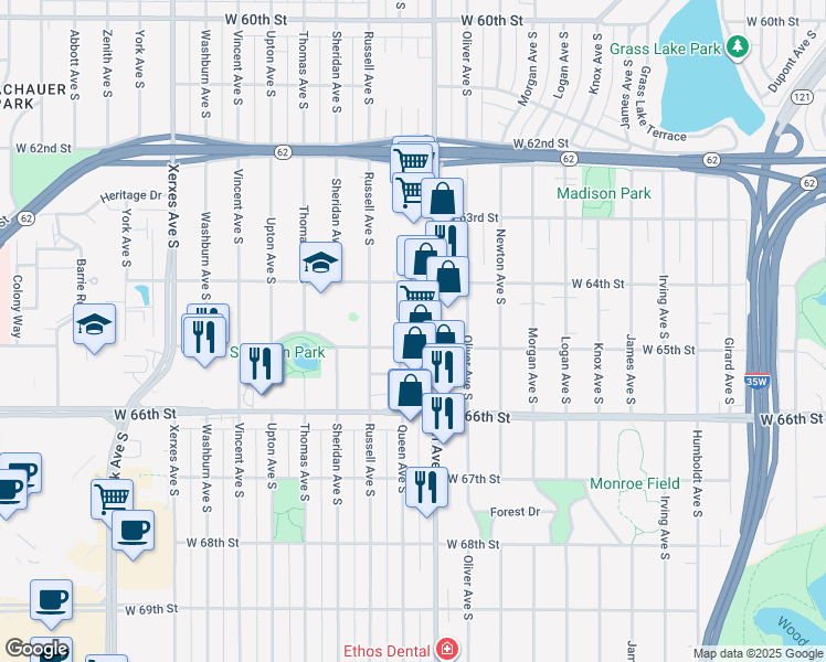 map of restaurants, bars, coffee shops, grocery stores, and more near 6432 Penn Avenue South in Minneapolis