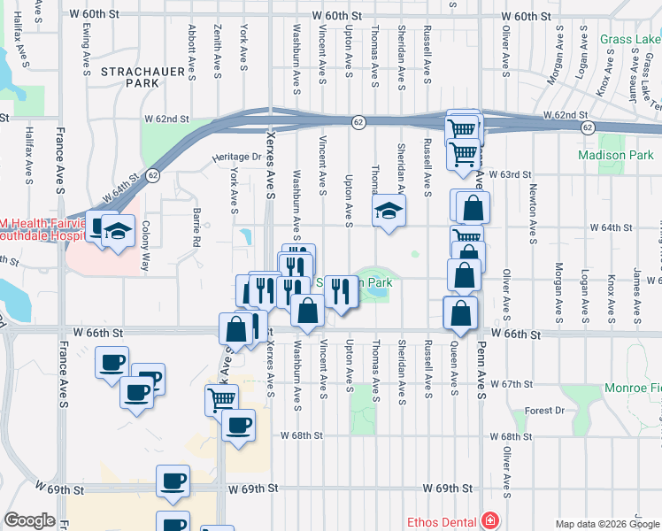 map of restaurants, bars, coffee shops, grocery stores, and more near 6428 Vincent Avenue South in Minneapolis