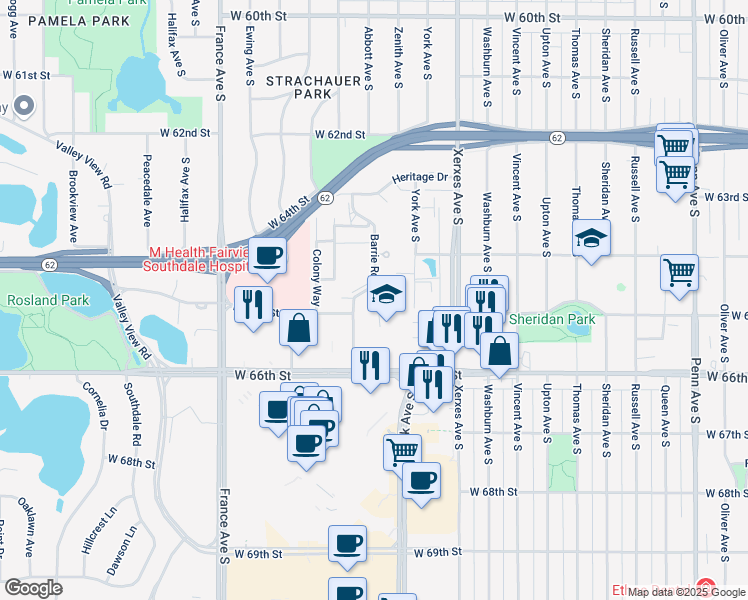 map of restaurants, bars, coffee shops, grocery stores, and more near 6473 Barrie Road in Minneapolis