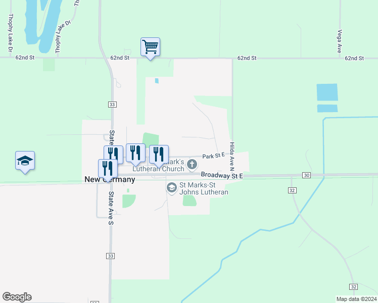 map of restaurants, bars, coffee shops, grocery stores, and more near 460 Park Street East in New Germany
