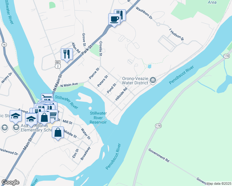 map of restaurants, bars, coffee shops, grocery stores, and more near 66 Hillside Road in Orono
