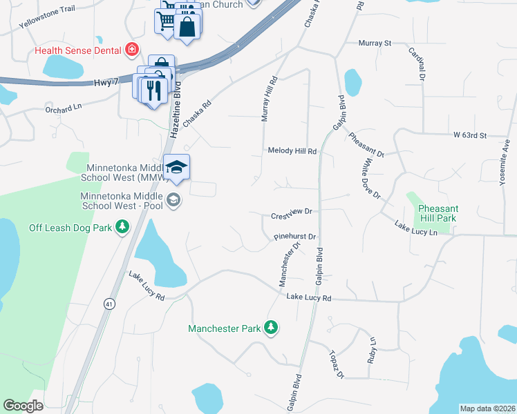 map of restaurants, bars, coffee shops, grocery stores, and more near 2150 Crestview Drive in Excelsior