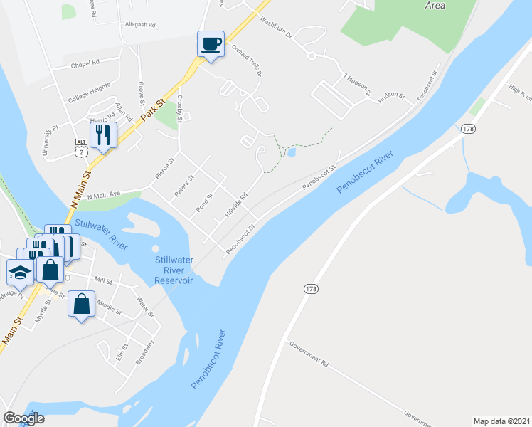 map of restaurants, bars, coffee shops, grocery stores, and more near 48 Penobscot Street in Orono