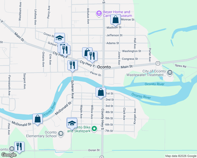 map of restaurants, bars, coffee shops, grocery stores, and more near 1210 Pecor Street in Oconto