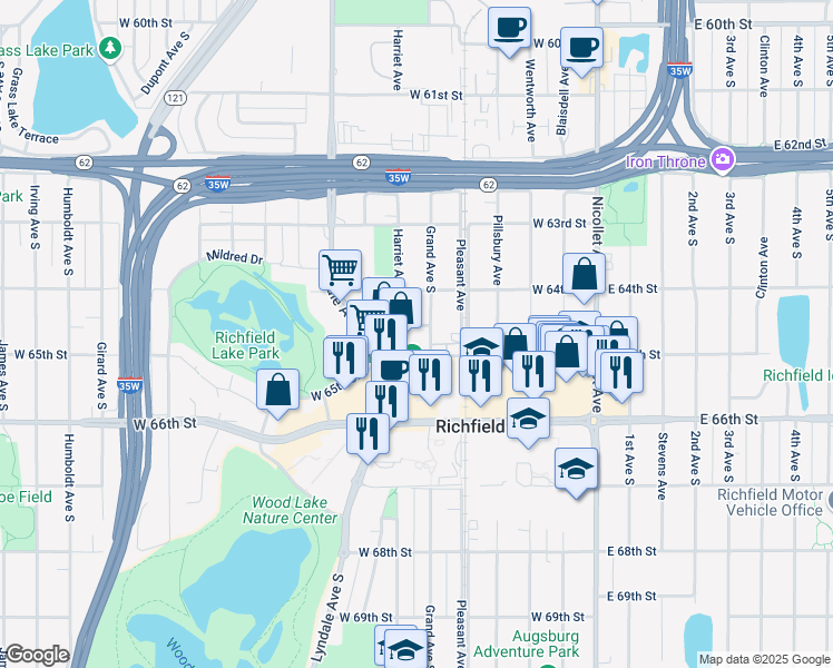 map of restaurants, bars, coffee shops, grocery stores, and more near 409 West 64 1/2 Street in Minneapolis