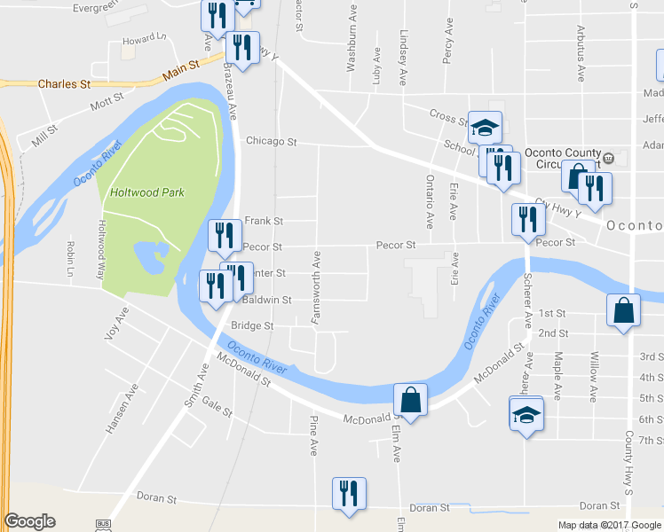 map of restaurants, bars, coffee shops, grocery stores, and more near 411 Center Street in Oconto