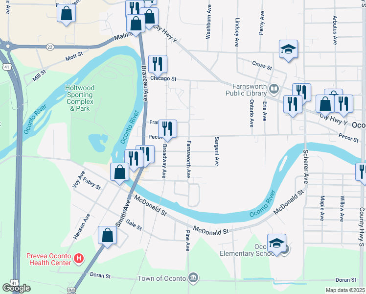 map of restaurants, bars, coffee shops, grocery stores, and more near 339 Center Street in Oconto