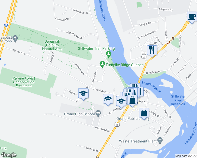 map of restaurants, bars, coffee shops, grocery stores, and more near 6 Sunrise Terrace in Orono