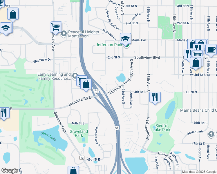 map of restaurants, bars, coffee shops, grocery stores, and more near 2200 Southview Boulevard in South Saint Paul