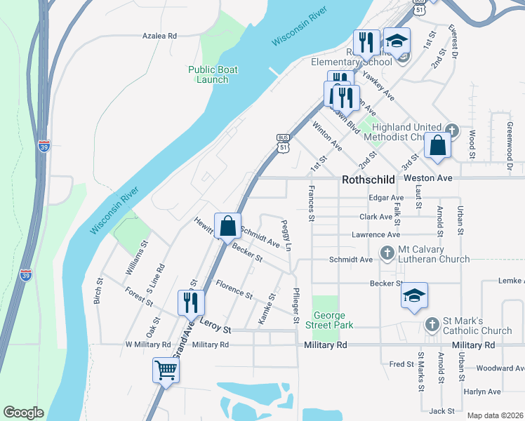 map of restaurants, bars, coffee shops, grocery stores, and more near 105 Peggy Lane in Rothschild