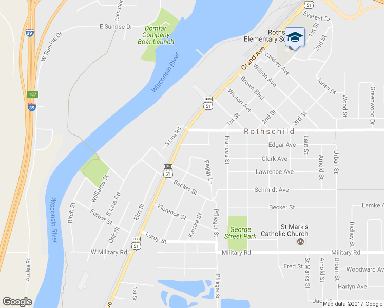 map of restaurants, bars, coffee shops, grocery stores, and more near 105 Peggy Lane in Rothschild