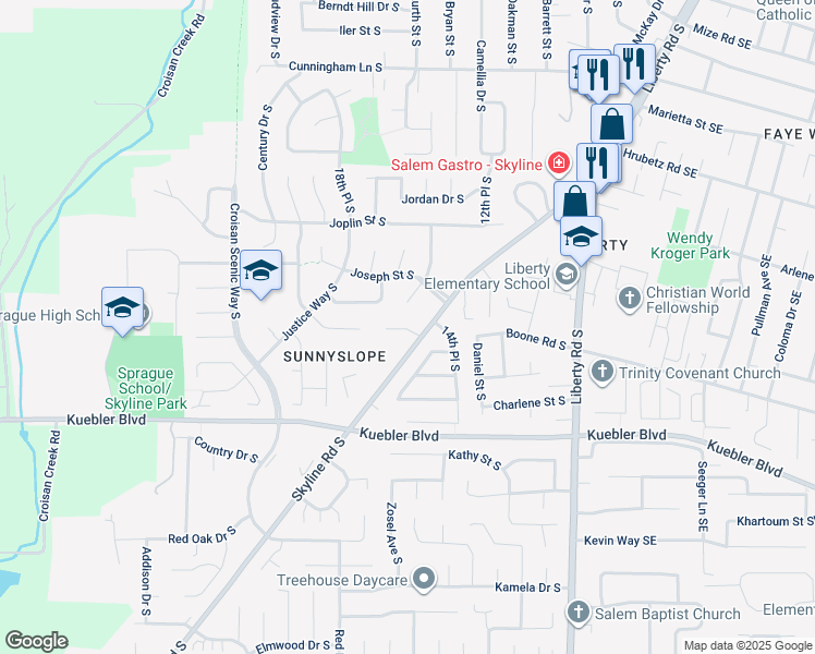 map of restaurants, bars, coffee shops, grocery stores, and more near 1547 Distinctive Court South in Salem