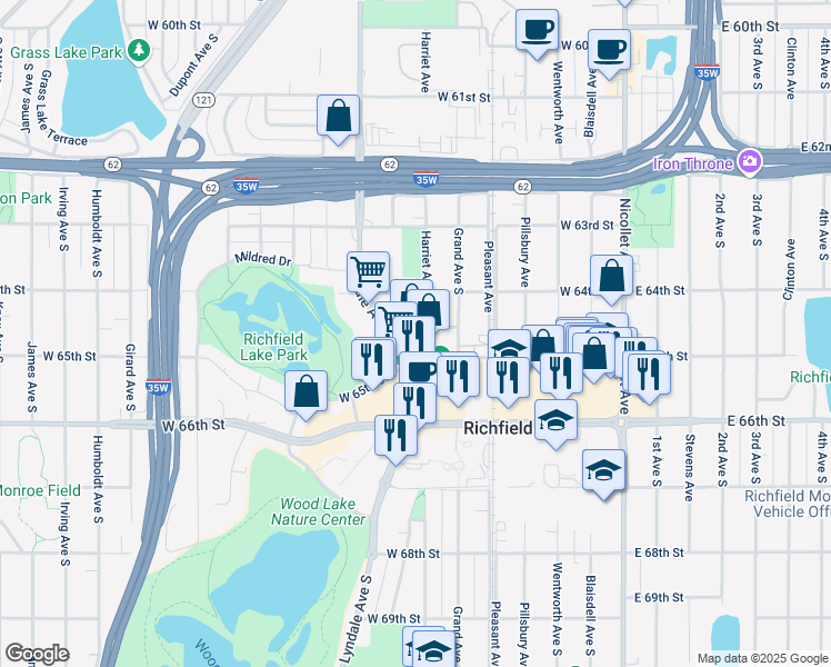 map of restaurants, bars, coffee shops, grocery stores, and more near 6437 Lyndale Avenue South in Richfield