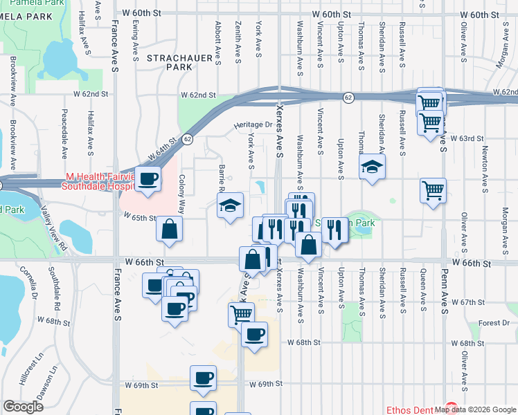 map of restaurants, bars, coffee shops, grocery stores, and more near 6428 Xerxes Avenue South in Edina