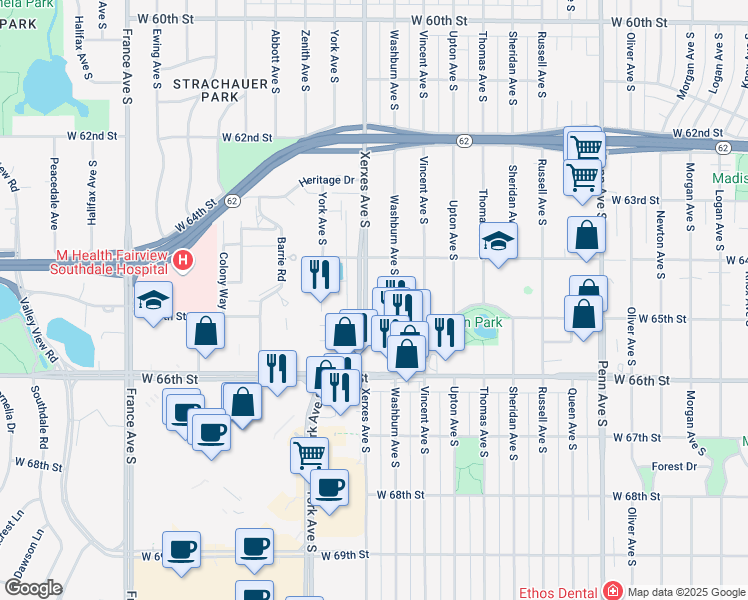 map of restaurants, bars, coffee shops, grocery stores, and more near 6428 Washburn Avenue South in Richfield