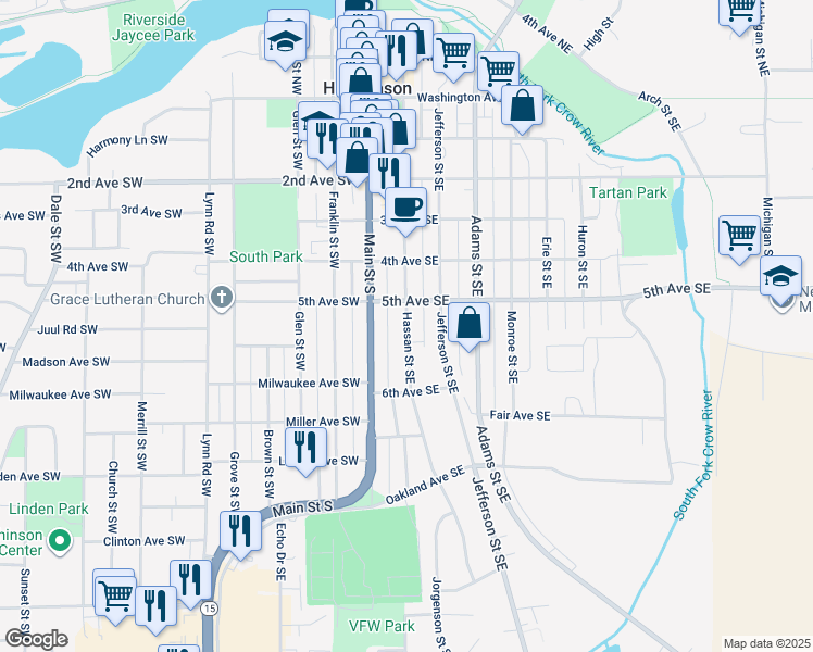 map of restaurants, bars, coffee shops, grocery stores, and more near 526 Hassan Street Southeast in Hutchinson