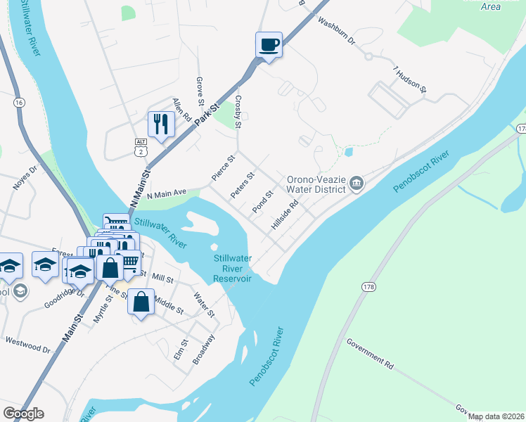 map of restaurants, bars, coffee shops, grocery stores, and more near 23 Pond Street in Orono