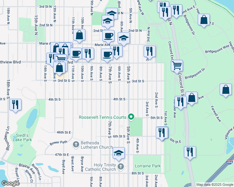 map of restaurants, bars, coffee shops, grocery stores, and more near 337 7th Avenue South in South Saint Paul