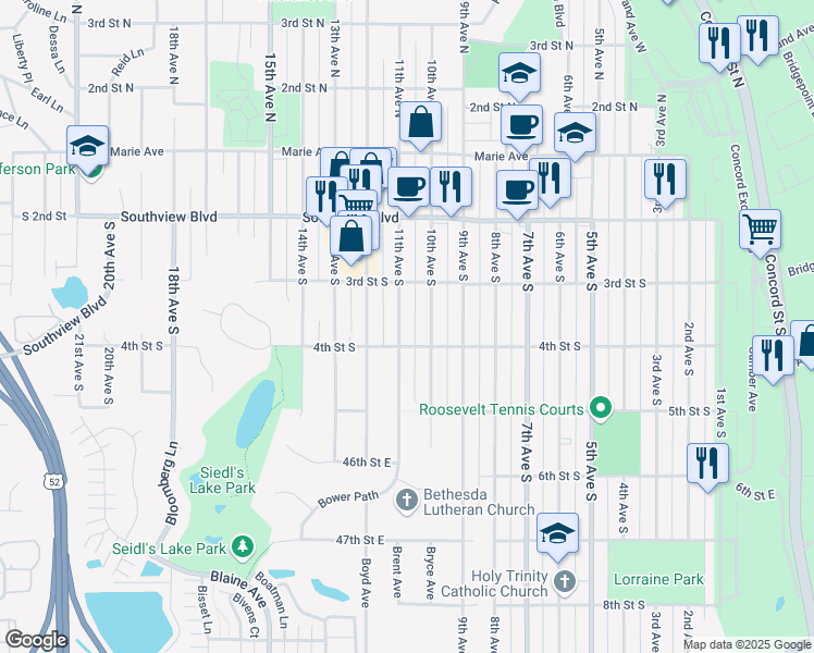 map of restaurants, bars, coffee shops, grocery stores, and more near 336 10th Avenue South in South Saint Paul