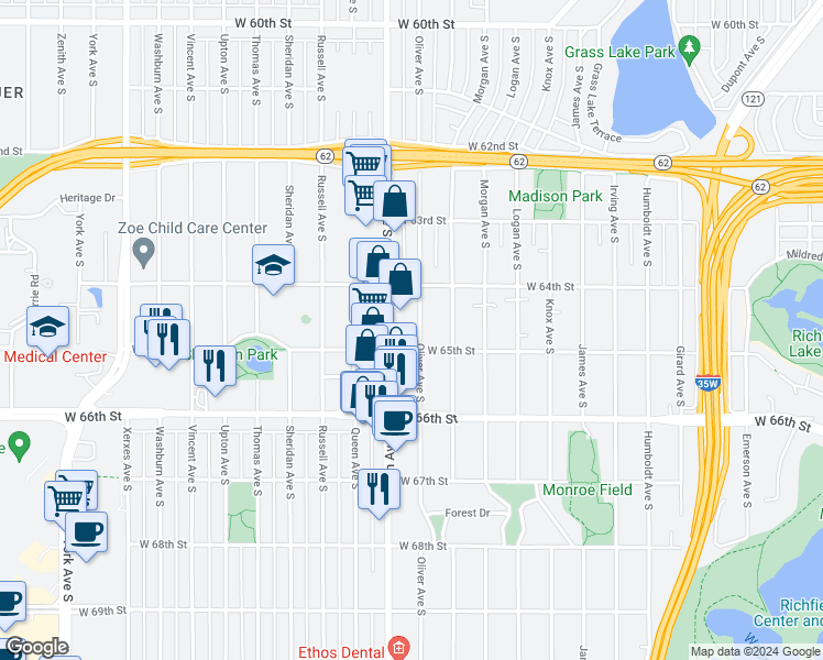 map of restaurants, bars, coffee shops, grocery stores, and more near 6436 Oliver Avenue South in Richfield