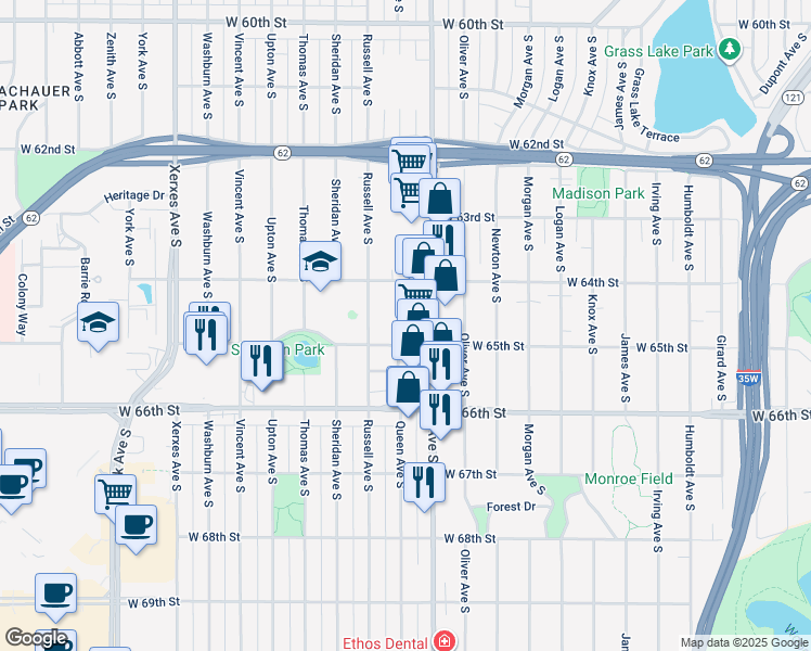 map of restaurants, bars, coffee shops, grocery stores, and more near 6432 Penn Avenue South in Minneapolis