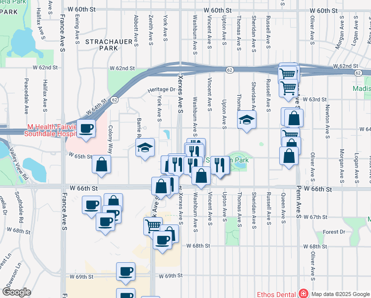 map of restaurants, bars, coffee shops, grocery stores, and more near 6428 Washburn Avenue South in Richfield